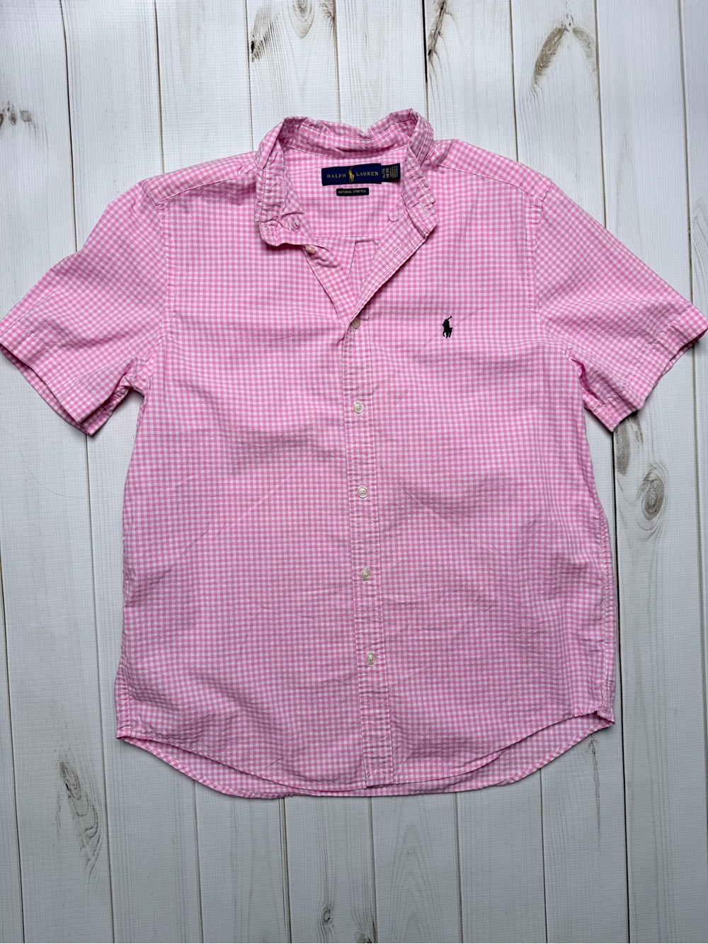 Ralph Lauren Pink Gingham Short-Sleeve Button-Down Shirt with Navy Pony